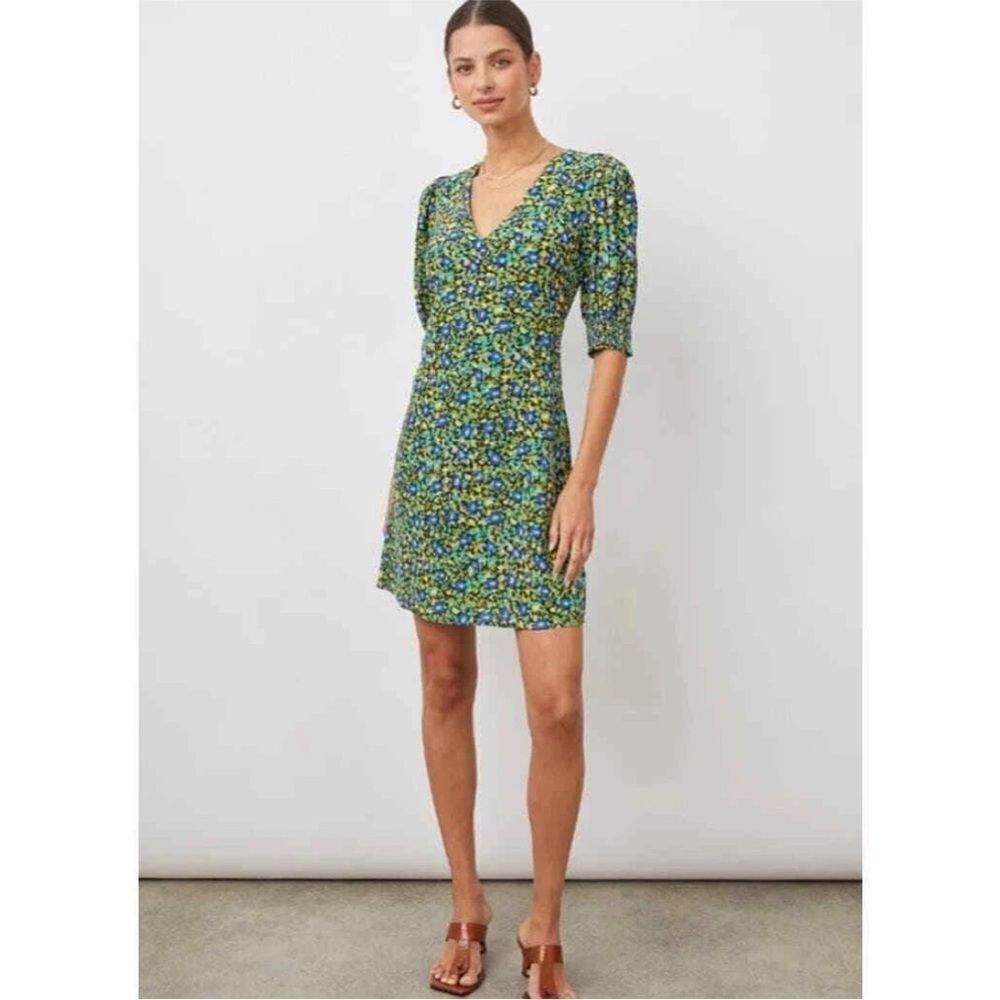 RAILS Roma Dress Womens Abstract Garden Print Green Blue Short Sleeve Sz M